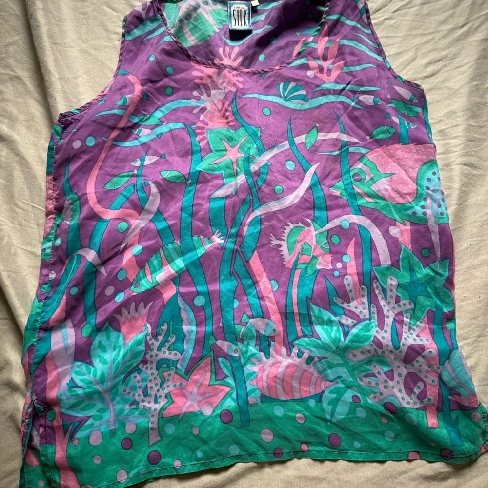 Vintage 80s Under the Sea Silk Tank Top Sensual Silk Caribbean Club XL 100% Silk - Picture 1 of 5